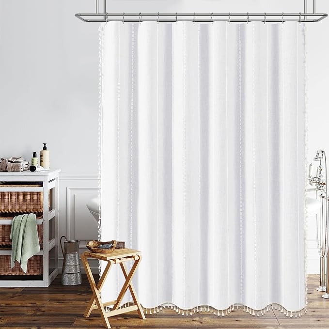 54x78 Boho Farmhouse Linen Heavy Duty Cloth Shower Curtain Set, White | Narrow Long Size, 330GSM Linen Blend, Water Repellent, Vintage Striped Fabric, 10 Hooks, Rustic Country, Machine Washable