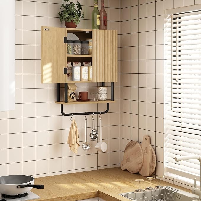 RUSTOWN Fluted Bathroom Wall Cabinet with 2 Doors, 3-Tier Medicine Cabinet | Modern Farmhouse Wall Mounted Cabinets, Over The Toilet Storage Cabinet, Adjustable Shelf and Towel Bar, Small