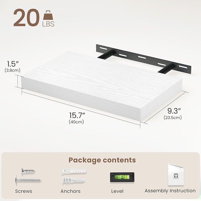 Vivelove 16 X 9 Floating Shelves,Wall Shelves with Invisible Brackets, 1.5” Thick Floating Shelves for Bathroom, Bedroom, Living Room, Kitchen, Office, Modern Home Decor,Set of 2, White