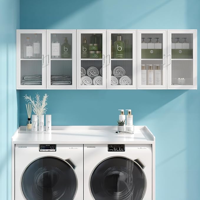Furnaza Set of 3 White Kitchen Wall Storage Cabinet with Acrylic Glass Door | Upper Wall Cabinets with Adjustable Shelf for Bathroom,Garage,Laundry Room,72"W x 12"D x 24"H