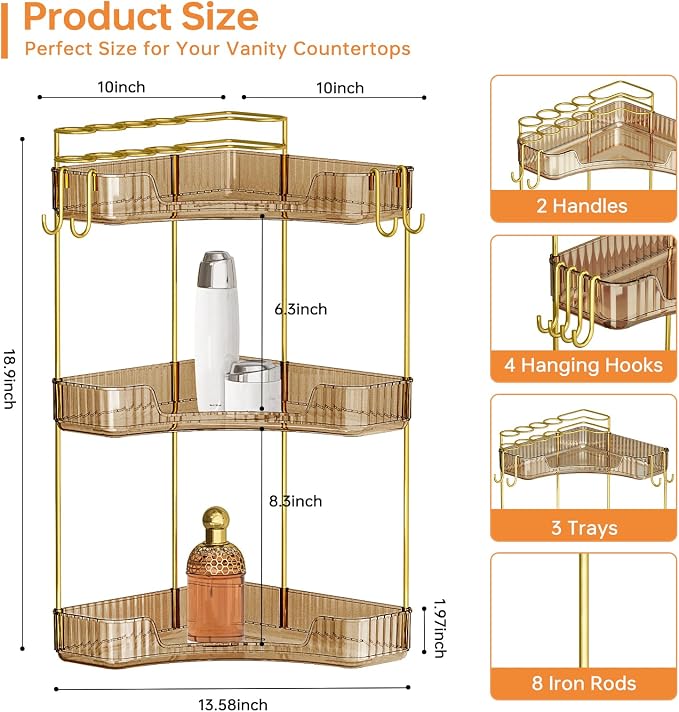 3-Tier Corner Bathroom Counter Organizer，Makeup & Skincare Shelf with Built-in Brush Holder，Space-Saving Bathroom Countertop Organizer for Skincare, Perfume, Cosmetics(Amber)