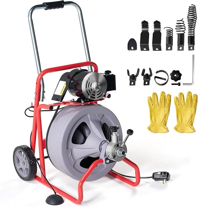 Albott 100 FT x 3/8 Inch Electric Drain Cleaner Machine | Auto-Feed Sewer Snake Auger for 1-4 Inch Pipes, with 9 Cutters, Wheels and Foot Switch, Gray/Red