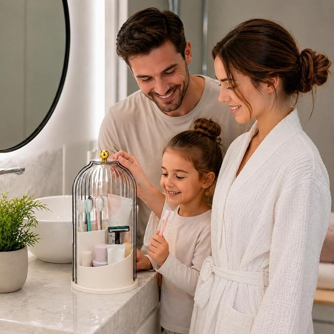 Rotating Toothbrush Holder with Cover, Storage for Bathroom, Dustproof Toothbrush Holder with Sliding Lid Electric Tooth Brush and Makeup Brush Organizer for Vanity, Dustproof with Cover