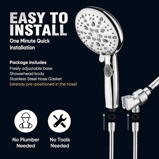 Cobbe 9 Spray Modes Handheld Shower Head, Water-Saving, Chrome | Power Rinse, 1-Click Pause & Flow Control, 6ft Stainless Steel Hose, Adjustable Brass Bracket