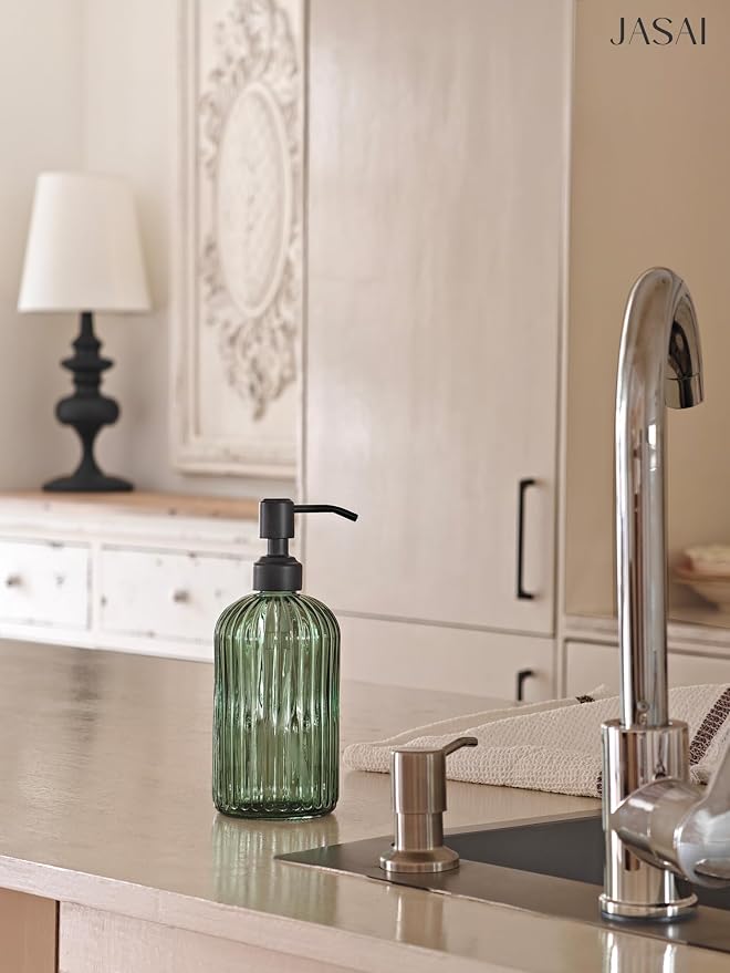 JASAI 18Oz Green Glass Soap Dispenser with Black Rust Proof Pump | Refillable Bathroom soap Dispenser with Thick Glass, Kitchen Soap Dispenser for Dish soap, Hand Soap, Lotion, liquid Soap