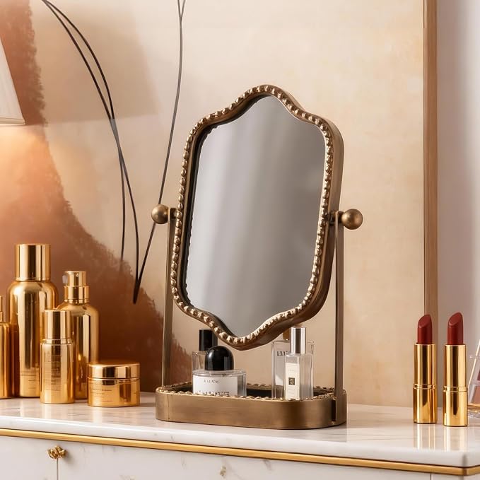 Vintage Makeup Mirror with Tray, 360° Rotatable Antique Table Vanity Mirror with Stand, Metal Retro Desktop Dressing Mirror for Home Decor, Countertop, Bedroom, Bathroom, Living Room