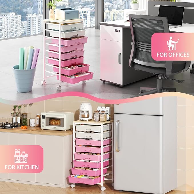 Goovilla Rolling Cart with 8 Drawers for Art, Dorm, Office, Craft, Pink | Utility Cart Organizer With 8 Removable Drawers and Wooden Tabletop, Lockable Rolling Storage Organizer for Classroom, Home