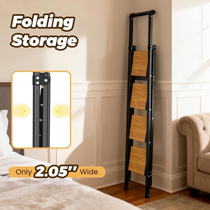 HBTower 4 Step Ladder, Lightweight Aluminum Folding Step Stool | Anti-Slip Wide Pedal, 330lbs Capacity Step Ladder for Household Kitchen Office, BlackWoodgrain