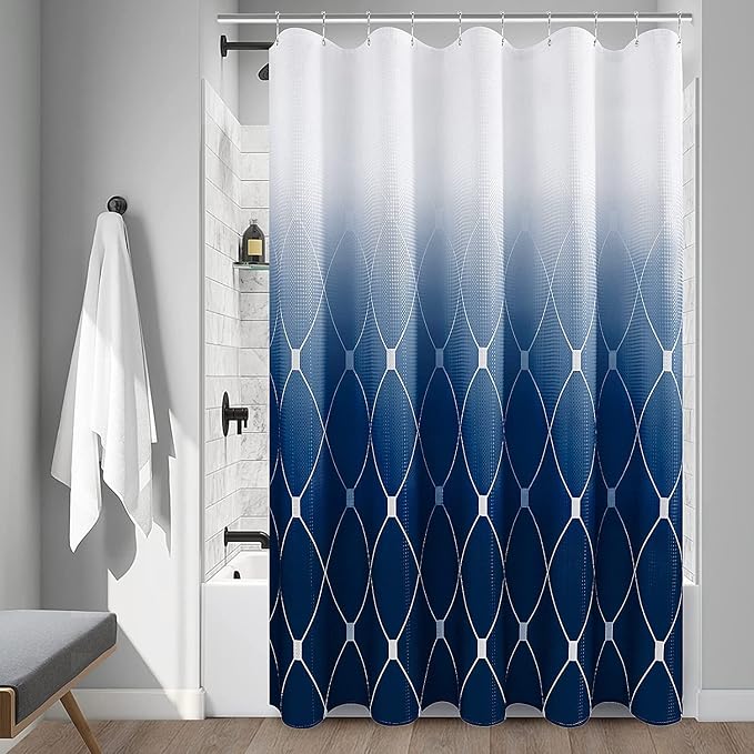 Navy Blue Shower Curtain Blue and White Geometric Ombre Waffle Fabric Bath Curtain Set with Hooks for Men and Home Spa Luxury Hotel Bathroom 72x72 Inch