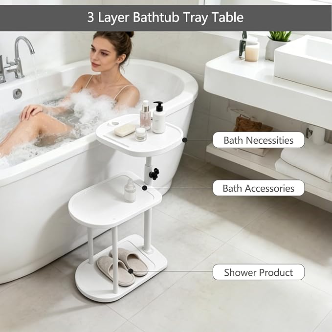 3 Layer Bathtub Tray Table,Bamboo Swivel Bathtub Side Table Height Adjustable,Freestanding Bathtub Tray for Tub Against Wall,Bathtub Accessories&Bathroom Organizer for Luxury Home Spa (White)