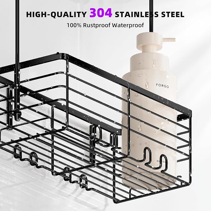 SHANSHUI Shower Hanging Caddy, Bathroom Shower Organizer Basket, Shampoo Bracket Over Door Rack with Hooks, 304 Stainless Steel