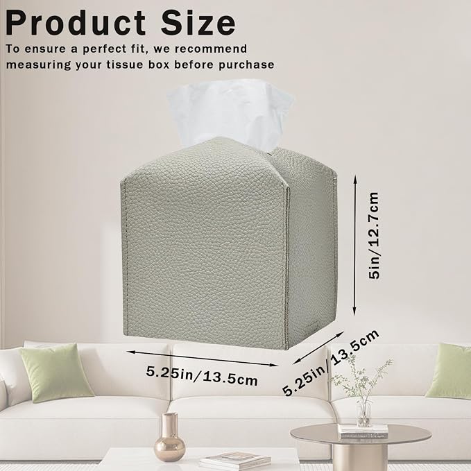 1PC Square Tissue Box Cover, PU Leather Square Tissue Box Holder with Bottom Belt Modern Tissue Box Organizer for Bathroom/Car/Hotel/Office (5.25”x5.25”x5”, Light Grey)