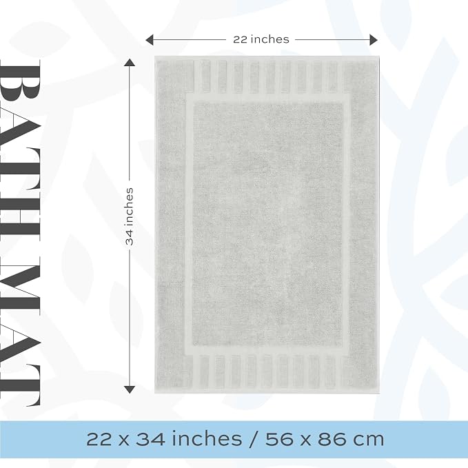 White Classic Luxury Bath Mat Floor Towel Set - Absorbent Cotton Hotel Spa Shower/Bathtub Mats [Not a Bathroom Rug] 22"x34" | 2 Pack | Silver