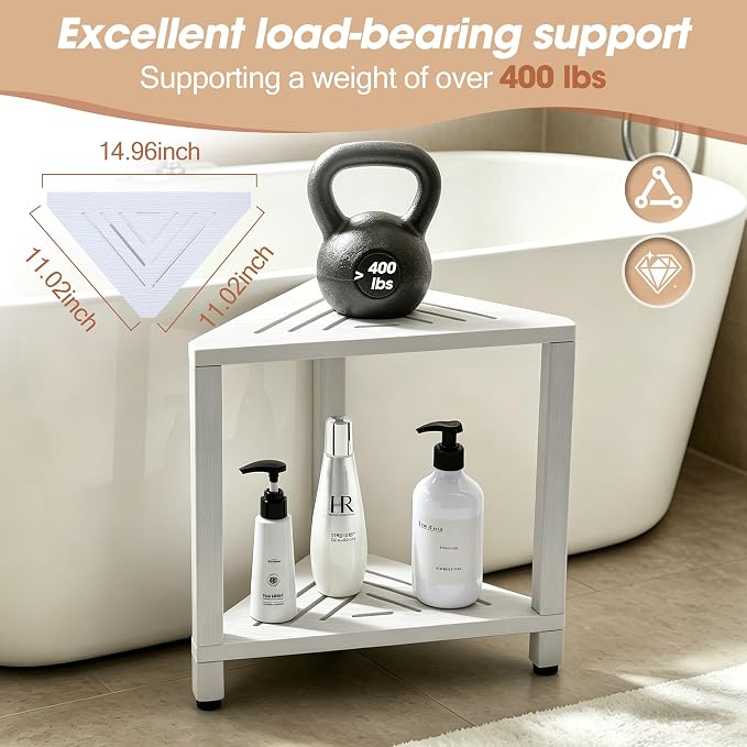 Corner Shower Stool with Storage Shelf, HDPS Waterproof Shower Foot Rest for Shaving Legs, 2-Tier Triangle Bathroom Stool for Inside Shower, Non-Slip Small Shower Bench, White