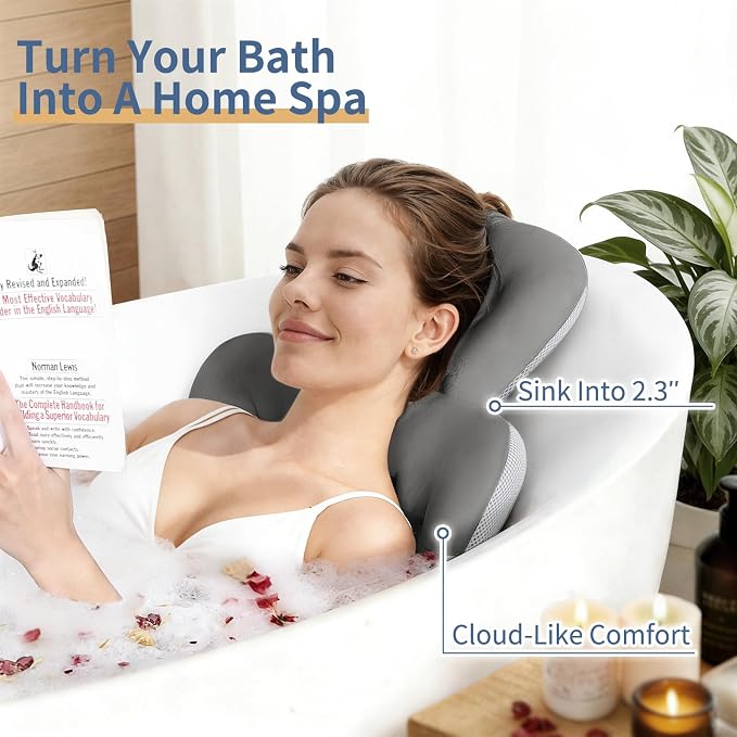 Bath Cushion, Full Body Bathtub Pillow with 160 Suction Cups, Bath Mat for Head and Neck Support, with Laundry Bag (Dark Gray, 60" x 16")
