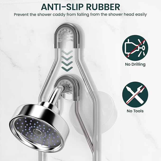 REINHARDT Adjustable Shower Caddy Hanging Over Shower Head, Silver | Rustproof Shower Organizer, Extra Long, No Drilling, Anti-Slip, Fast Draining, Soap Holder, 12 Hooks, Bathroom Accessories