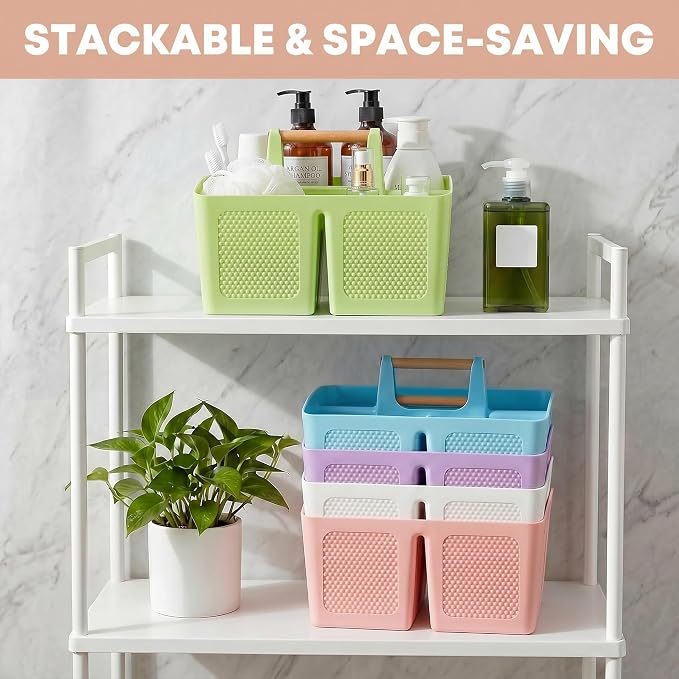 Plastic Green Shower Caddy Basket with 3 Compartments, Portable Divided Bathroom Cleaning Caddy Organizer Storage Tote with Handle for Dorm, College, Room Essentials
