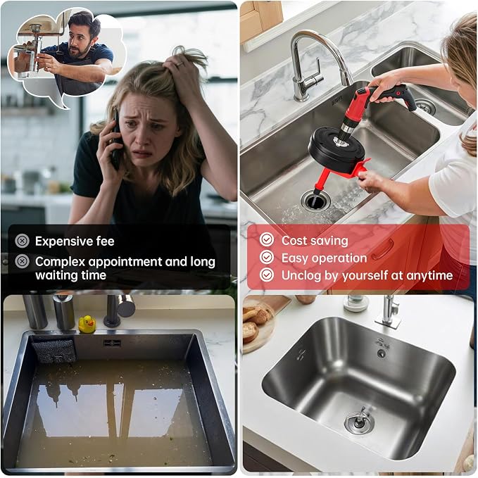 25 Feet Drain Snake Auger SEVVETROOL Plumbing Snake Drain Hair Clog Removal Tool | Plumbing Snake Clog Remover with Glove for Shower,Bathtub,Sink,Kitchen,Sewer(7.5M/25ft,Red)