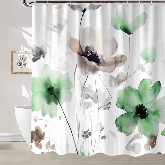 Sanzugh Boho Floral Shower Curtain, Cream Tan Beige Green Grey White Flower Farmhouse Fabric Shower Curtains Set for Bathroom Decorative with Hooks 72 X 72 inch Spring Bath Decor