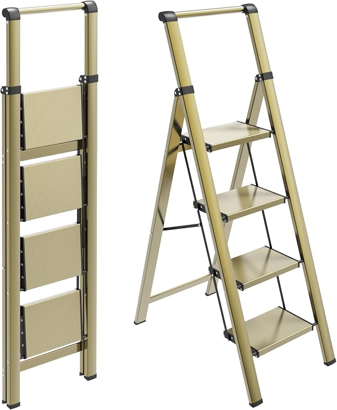 HBTower 4 Step Ladder, Lightweight Aluminum Folding Step Stool | Anti-Slip Wide Pedal, 330lbs Capacity Step Ladder for Household Kitchen Office, Gold