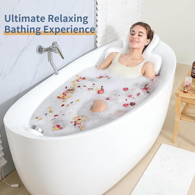 Luxury Bath Cushion, Full Body Bathtub Pillow with 160 Suction Cups, Bath Mat for Head and Neck Support, with Laundry Bag (White, 60" x 16")