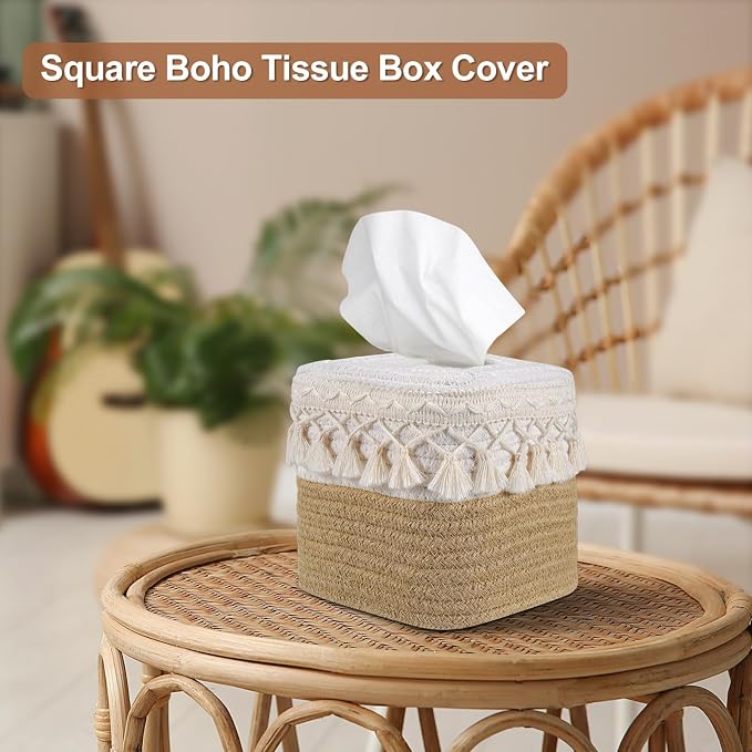 Boho Tissue Box Cover: Natural Handwoven Square Cover for Bathroom | Open-Bottom Design with Tassel, For Kitchen, Tabletops, Home & Office, Farmhouse Decor