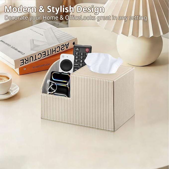 PUSU Square Tissue Box Cover with Storage and TV Remote Control Holder | Multi-Functional Cube facial Tissue Box Organizer for Bathroom,Vanity,Side table,Nightstand,End Table,Side table,Home Decor