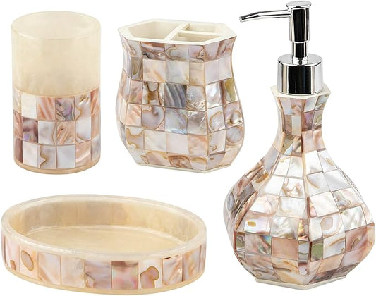 Milano Mother of Pearl 4 Piece Resin Bathroom Accessories Set | Includes Soap Dispenser, Toothbrush Holder, Tumbler Cup & Soap Dish