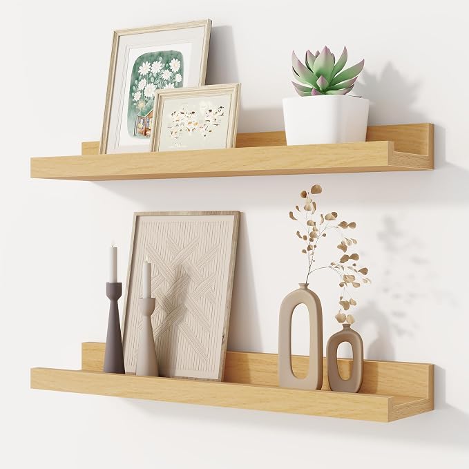 Floating Picture Ledge Shelves Set of 2, 16 Inch Solid Wood Wall Shelves with Lip, Large Nursery Book Shelf for Toys Storage, Kids Bookshelf, Living Room, Bedroom Decor Frames, Natural Oak