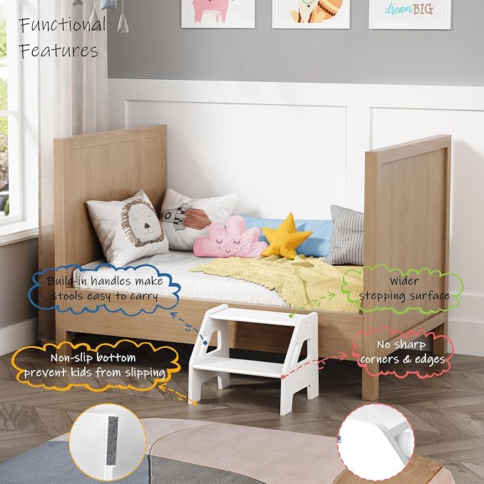 Harwaya White Wood Toddler Step Stool for Bathroom Sink, 2 Step Kids Stool for Toilet Potty Training, Baby Child Stepping Stool with Handles for Toddlers Nursery Kitchen Counter (White)
