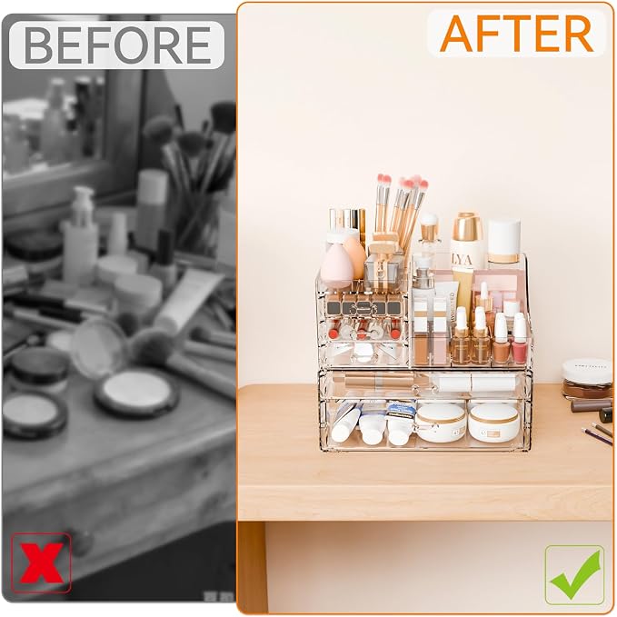 2 Pack Clear Makeup Organizer Countertop for Dresser,Vanity and Bathroom Counter Organizer,Tiered Stackable Makeup Acrylic Organizers with 5 Drawer for Skincare,Brush and Make up Holders