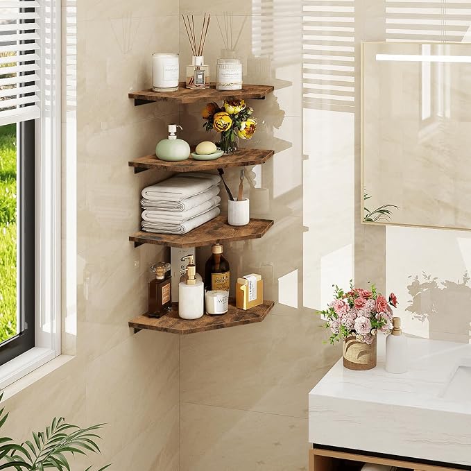 Corner Shelf Wall Mount, Set of 4 Floating Corner Shelves with Cord Hole for Cable Box, Wood Corner Hanging Shelves for Bathroom Bedroom Kitchen, Rustic Brown
