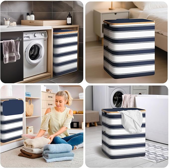 BALEINE Laundry Hamper with Lid, Tall Laundry Baskets with Bamboo Pull Handles, Large Laundry Bin with Internal Support (18 Gal/70L, Blue Stripe)