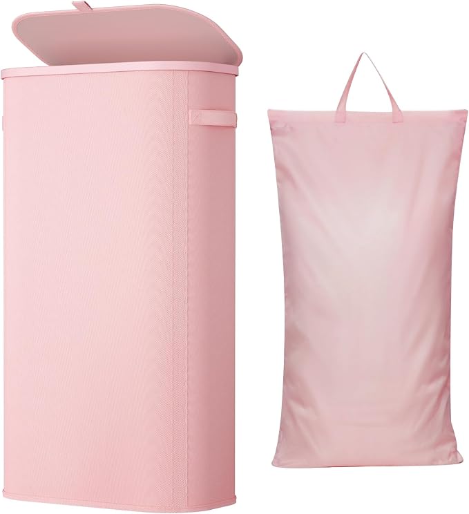 Lifewit Slim Laundry Basket with Lid and Removable Bag, 75L, Pink | Plastic Handles, Collapsible Narrow Laundry Hamper, Tall Skinny Laundry Bin, Clothes Hamper for Laundry, Bedroom, RV, Dorm