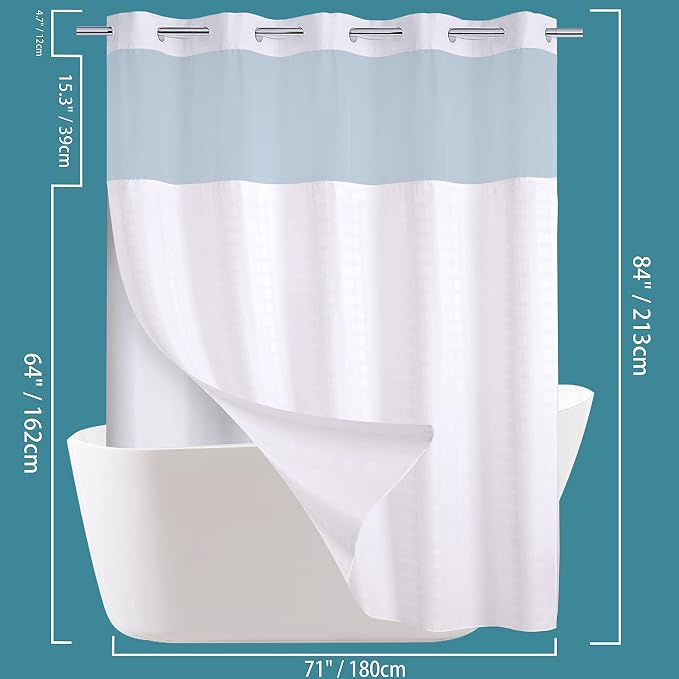 Conbo Mio Extra Long No Hook Shower Curtain with Snap in Liner Set, Hotel Luxury White Shower Curtains for Bathroom with See Through Top Window, Waterproof, Washable 71W x 84H