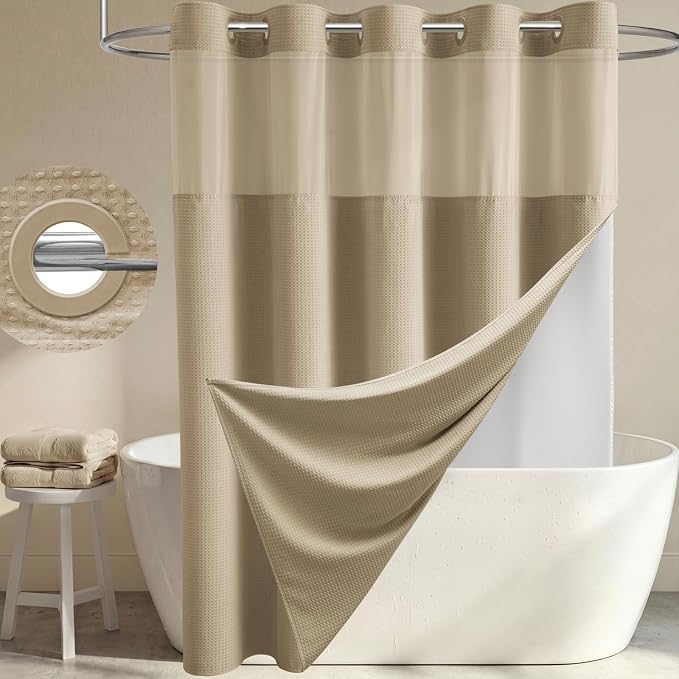 Beige Hook Free Waffle Shower Curtain & Snap-in Fabric Liner,54x81 | Less Time to install, 3 in 1 Fabric Shower Curtain and Liner Set with Magnets, Stall, Long, Shower Curtains for Bathroom