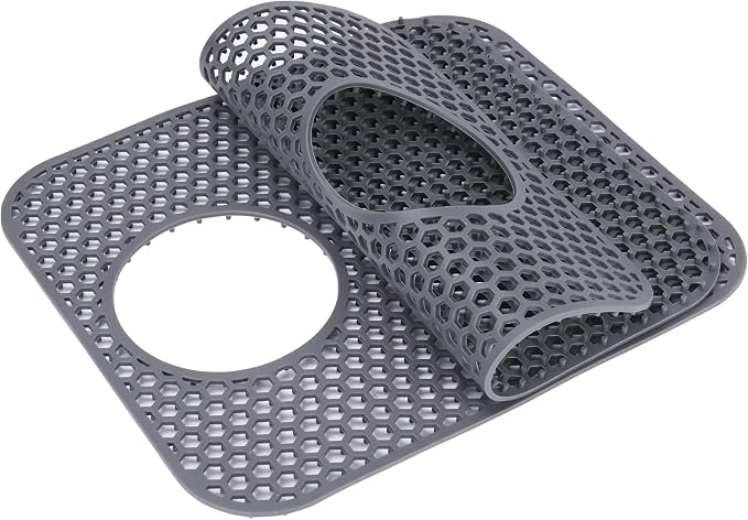 LONGFITE Sink Protector Mats 2 Pcs Silicone Kitchen Sink Mat Draining Heat Proof Mat with Rear Center Drain (Rear Drain)