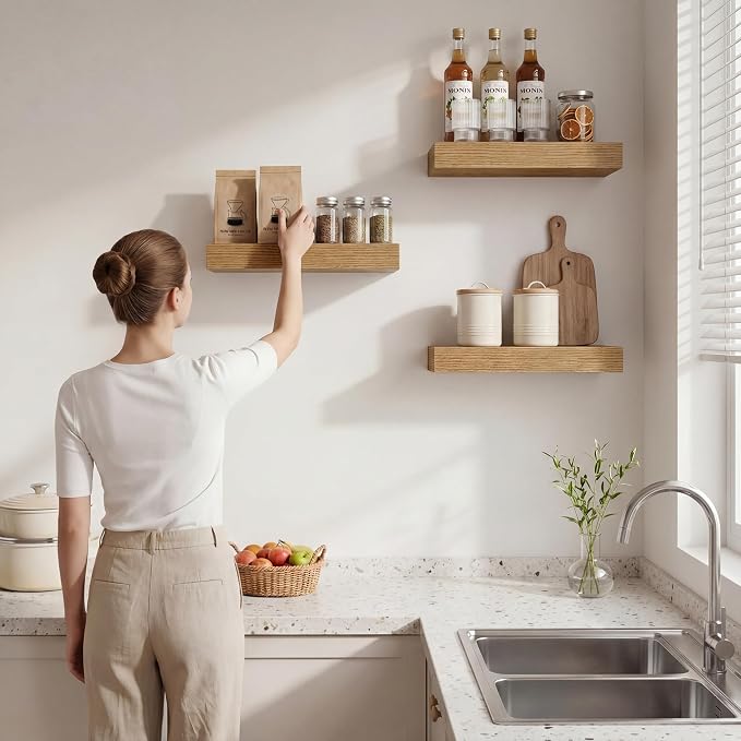 Marsmiles 9.25in Depth Floating Shelves, 10x10x1.4, Light Brown, Set of 3 | Small Wall Mounted Square Shelves, Engineered Wood, Invisible Brackets, Living Room, Bedroom, Bathroom, Kitchen Decor