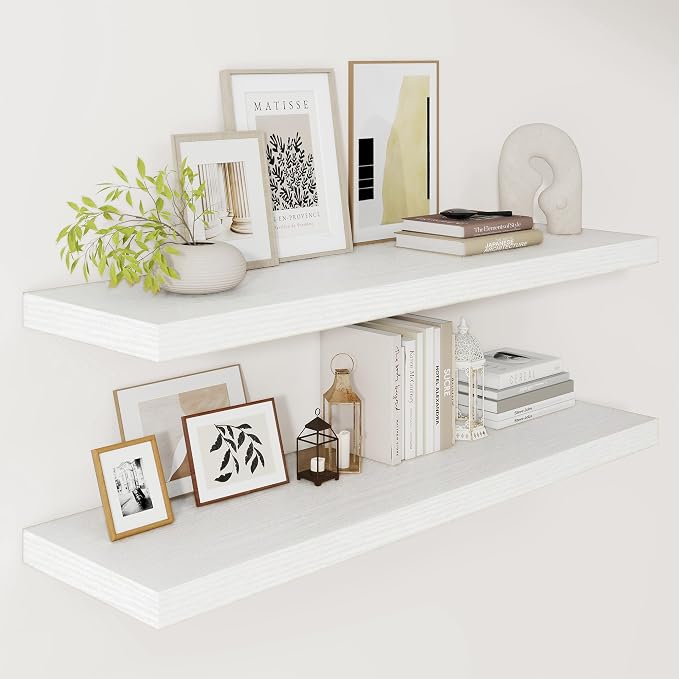 Vivelove Deep Floating Shelves 40x12” Set of 2, White | Easy Install With Hardware, 2" Thick, Invisible Brackets, Wall Mounted, No Sagging, For Any Room