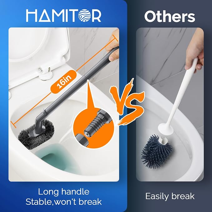 HAMITOR Toilet Plunger and Brush Set for Bathroom Cleaning with Extented Handle - Heavy Duty Toilet Plunger Combo Accessories with Caddy Stand Holder for Small Space - Gray | Extented Handle, Heavy Duty Toilet Plunger Combo Accessories with Caddy Stand...