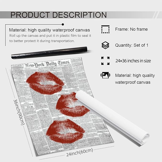 Haitunone Black White Newspaper Canvas Wall Art Fashion Red Kiss Lips Aesthetic Poster Trendy Girly Sexy Canvas Prints for Bar Cart Makeup Room Wall Decor 24X36 inch Unframed