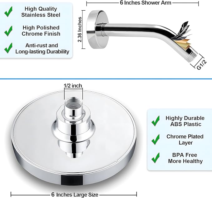 6" Rain Shower Head & 6" Shower Arm, Luxury Polished Chrome Finish | High Pressure 6 Inch Fixed Showerhead, Adjustable Replacement, 90 Nozzles, Removable Restrictor, Tool-Free Easy to Install