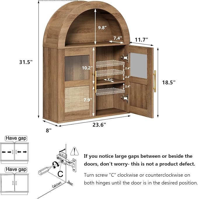 RUSTOWN Arched Bathroom Wall Cabinet with 2 Glass & Rattan Doors | Rattan Medicine Cabinet, Farmhouse Over the Toilet Storage Cabinet, Adjustable Shelves, 3-Tier Wall Mounted Cabinets
