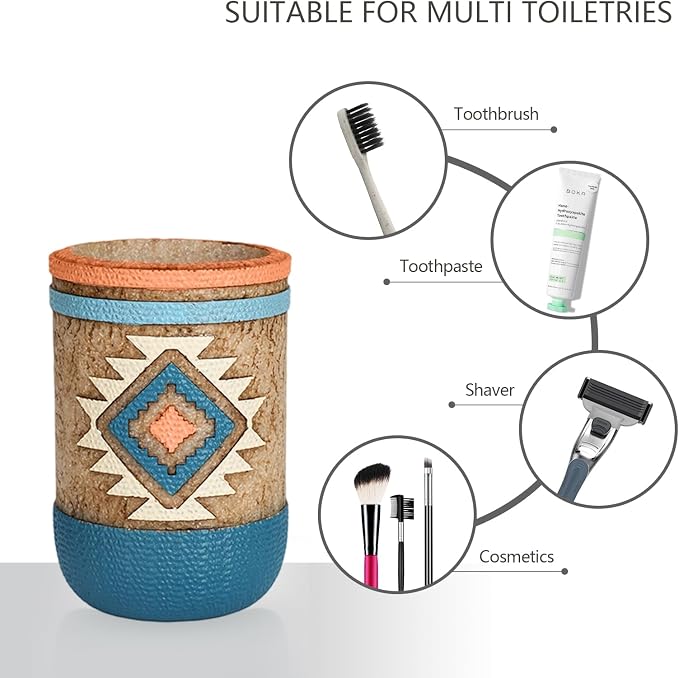 Bathroom Accessory Sets 4PCS Bathroom Accessories Set Complete Tribal Home Decor Southwest Pattern Shape Includes Lotion Dispenser Toothbrush Holder Tumbler Cup & Soal Dish