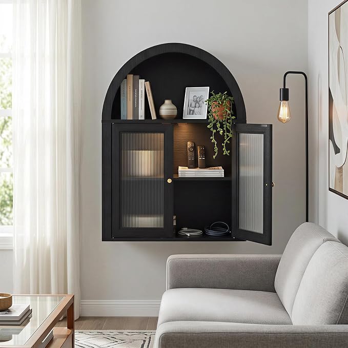 Medicine Cabinet with Arched Top, Bathroom Wall Cabinet Over Toilet with Wave Pattern Tempered Glass Doors and Removable Shelf, Arch Hanging Cabinets for Kitchen, Living Room, Laundry Room, Black