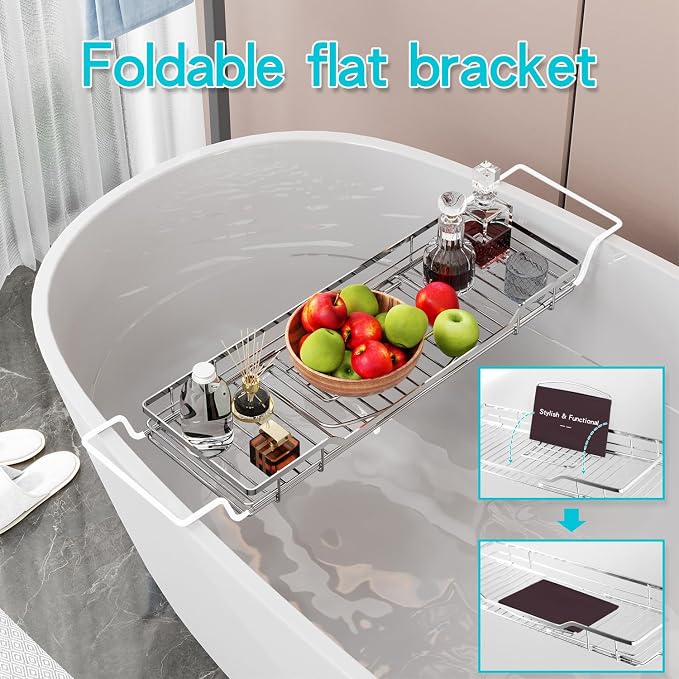 YQh Adjustable Tub Rack, 304 Stainless Steel Bathroom Tray, Multi-Function Tub Organizer with Adjustable Reading Rack, for Tablet or Cell Phone