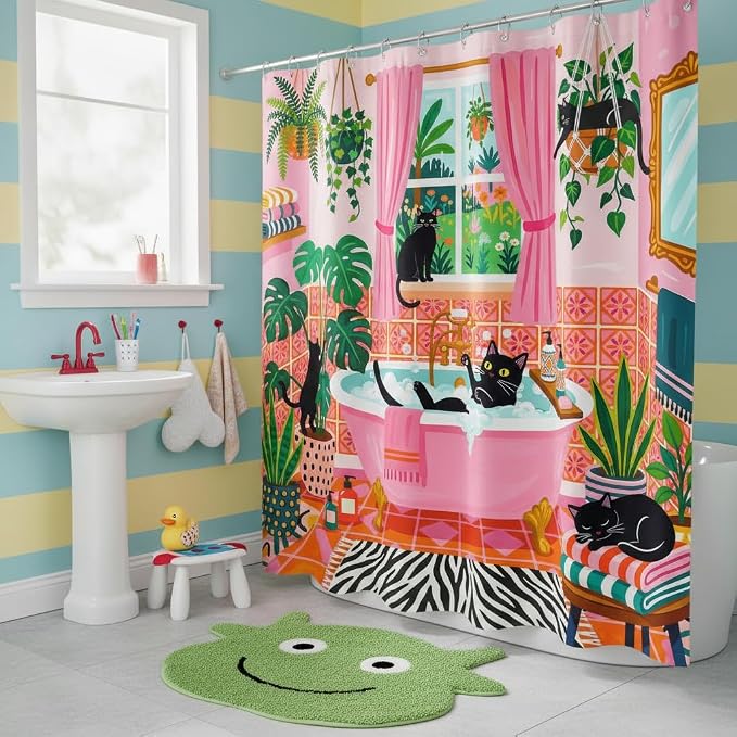 Accnicc Funny Cat Shower Curtain Boho Cute Fun Black Cats Shower Curtains for Bathroom Green Tropical Plant Pink Decorative Girly Waterproof Fabric Bath Curtain Decor 72 X 72 Inches
