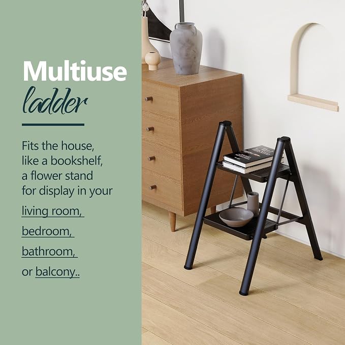 2 Step Foldable Step Stool, 330lbs Load, Black | Folded 26'' H x 2'' T; Net 7.4 lbs; Anti-Slip Feet Grip Wood, Tile, Carpet; Wide Pedals; For Kitchens, Closets.