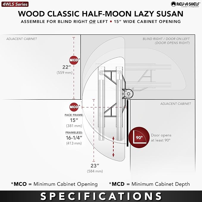 Rev-A-Shelf 35" Dual Shelf Half Moon Lazy Susan Organizer for Diagonal Blind Corner Kitchen Cabinets, Pullout Turntable Trays, Wood, 4WLS882-35-570