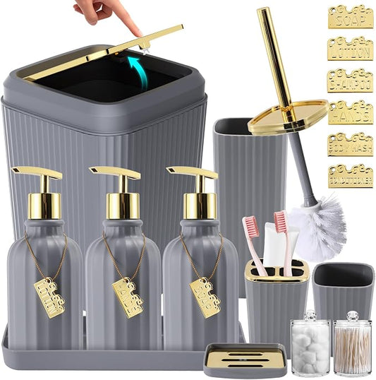 17PCS Bathroom Accessories Set, Gray Bathroom Set Bathroom Accessories Set with Trash Can, Toilet Brush, Toothbrush Holder, Qtip Holder & 3PCS Soap Dispenser